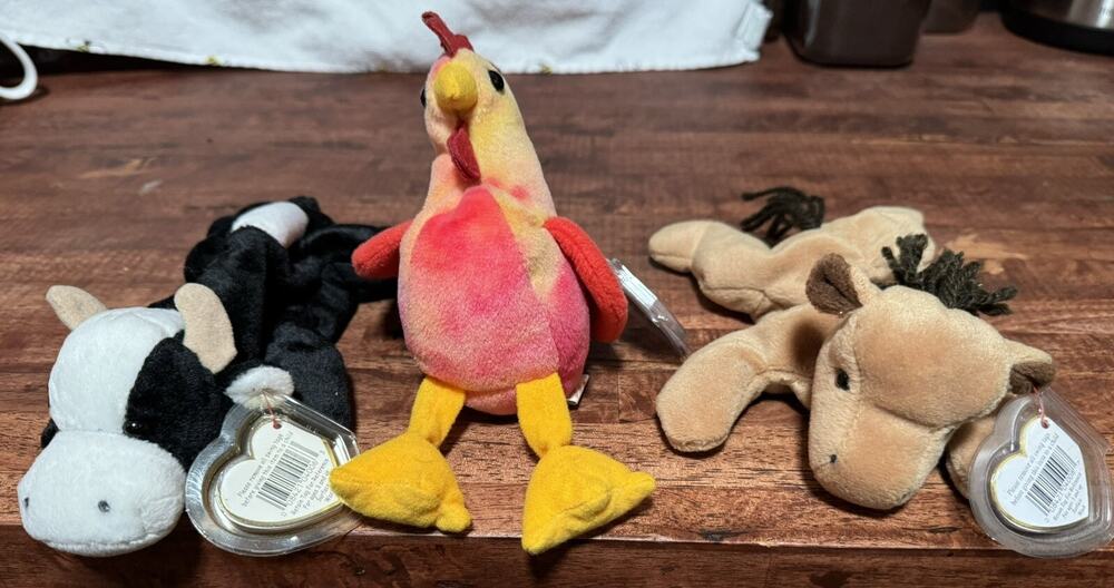 Three Ty Beanie Baby Original Daisy, Strut (PVC), Derby(PVC) Retired Toy Doll